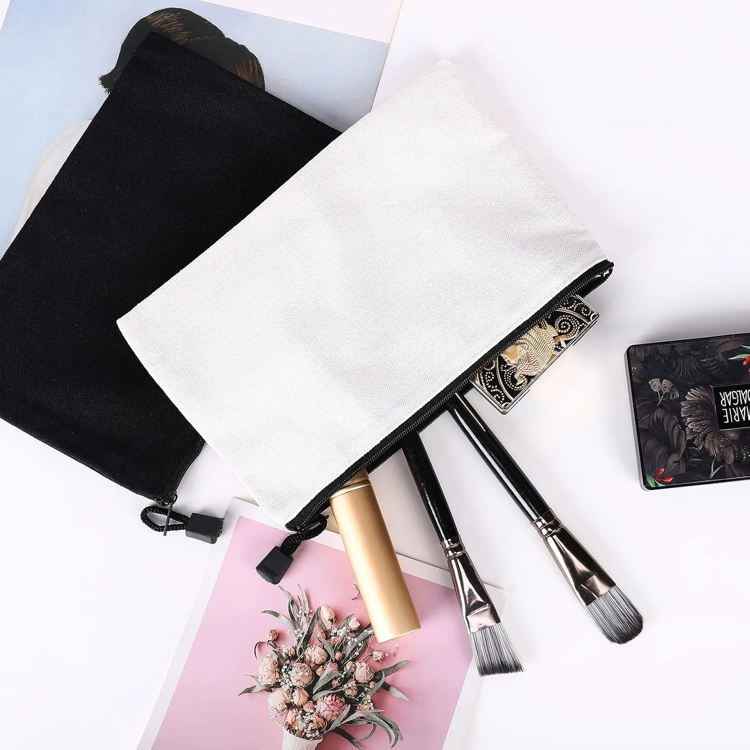12 Pack DIY Craft Cotton Canvas Bag, Multi-Purpose Cosmetic Bag Makeup Pouches with Zipper Travel Toiletry Bag (XS, Black)