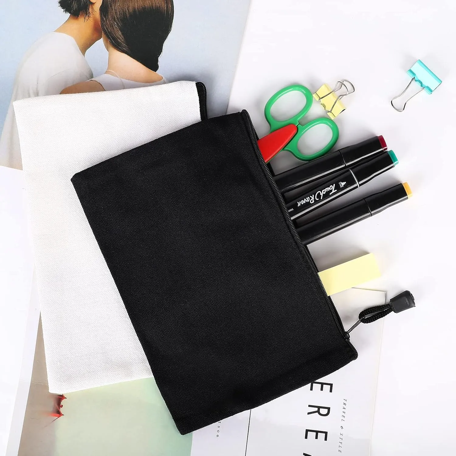 12 Pack DIY Craft Cotton Canvas Bag, Multi-Purpose Cosmetic Bag Makeup Pouches with Zipper Travel Toiletry Bag (XS, Black)