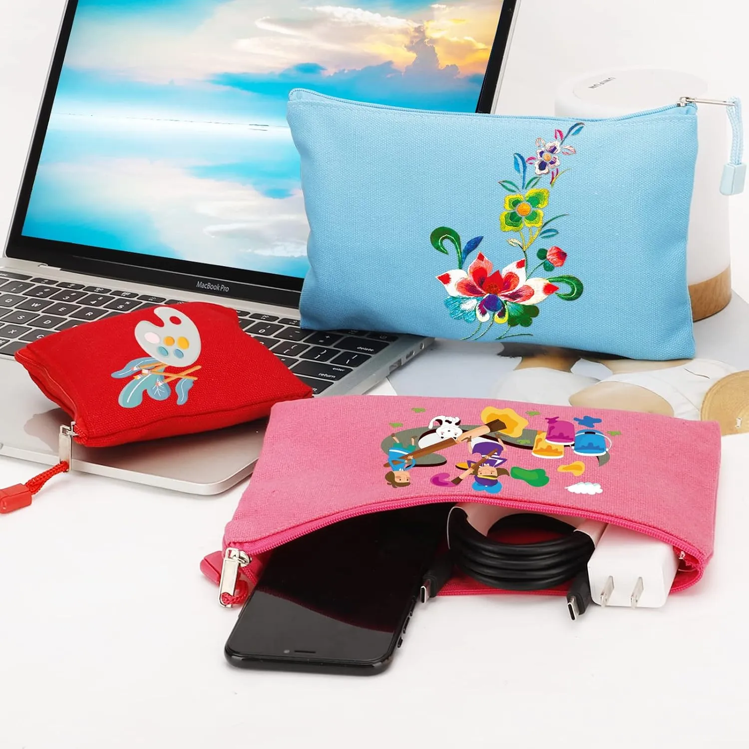 12 Pack DIY Craft Cotton Canvas Bag, Multi-Purpose Cosmetic Bag Makeup Pouches with Zipper Travel Toiletry Bag (XS, Pink)
