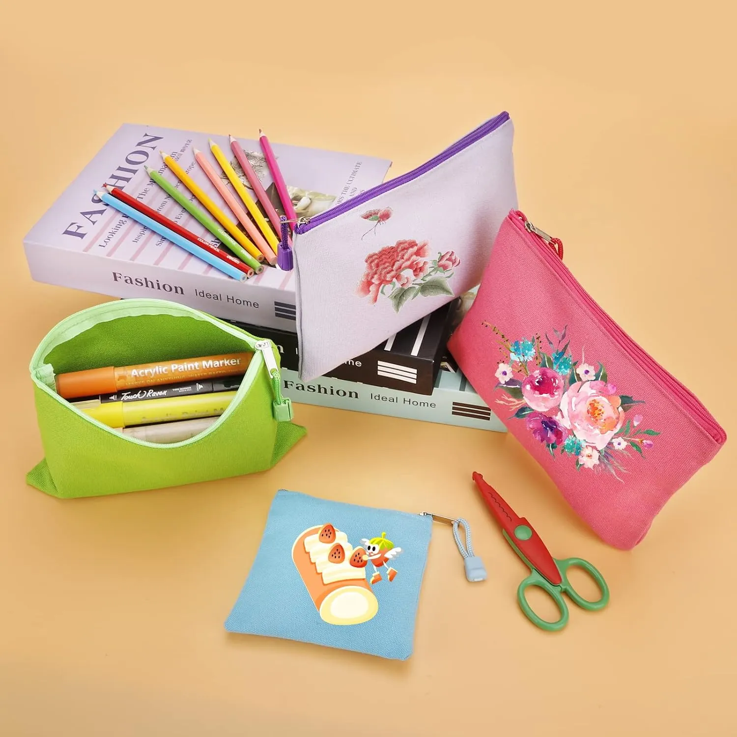 12 Pack DIY Craft Cotton Canvas Bag, Multi-Purpose Cosmetic Bag Makeup Pouches with Zipper Travel Toiletry Bag (XS, Pink)