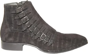 1554 Italian Black Crocodile Print Suede Ankle Boots with Zipper and Buckles