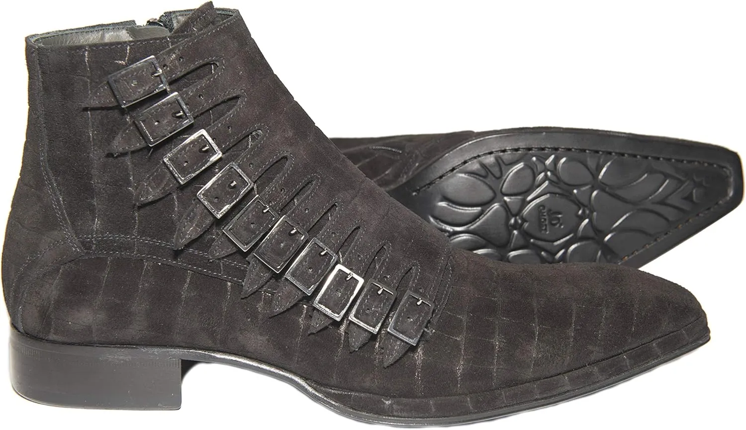 1554 Italian Black Crocodile Print Suede Ankle Boots with Zipper and Buckles
