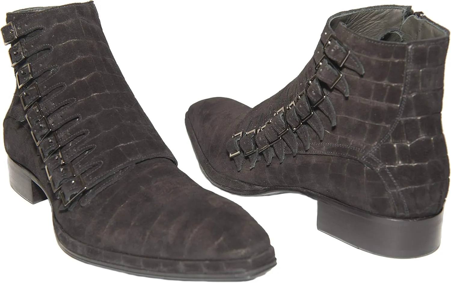 1554 Italian Black Crocodile Print Suede Ankle Boots with Zipper and Buckles