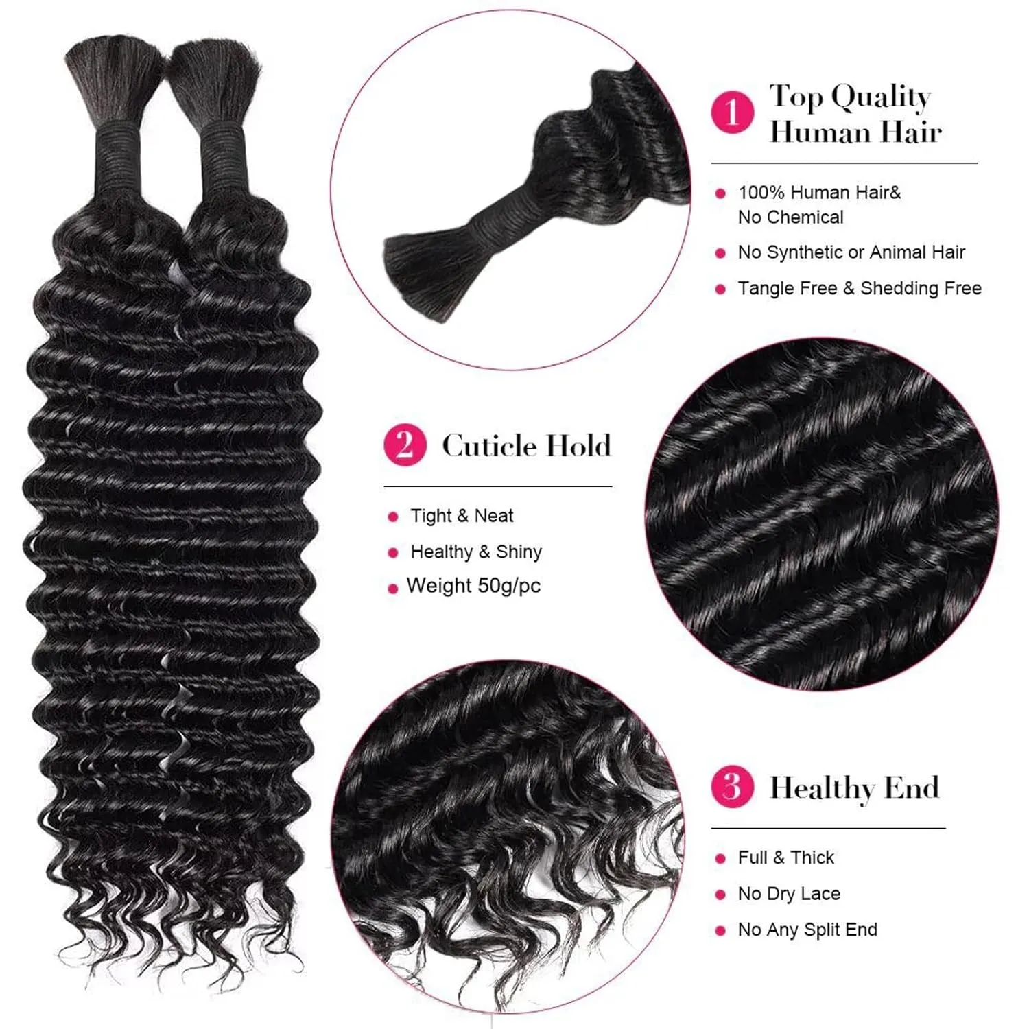 16inch 50g/bundle Two Bundles No Weft Black Deep Wave Human Braiding Hair for Box Boho Braids
