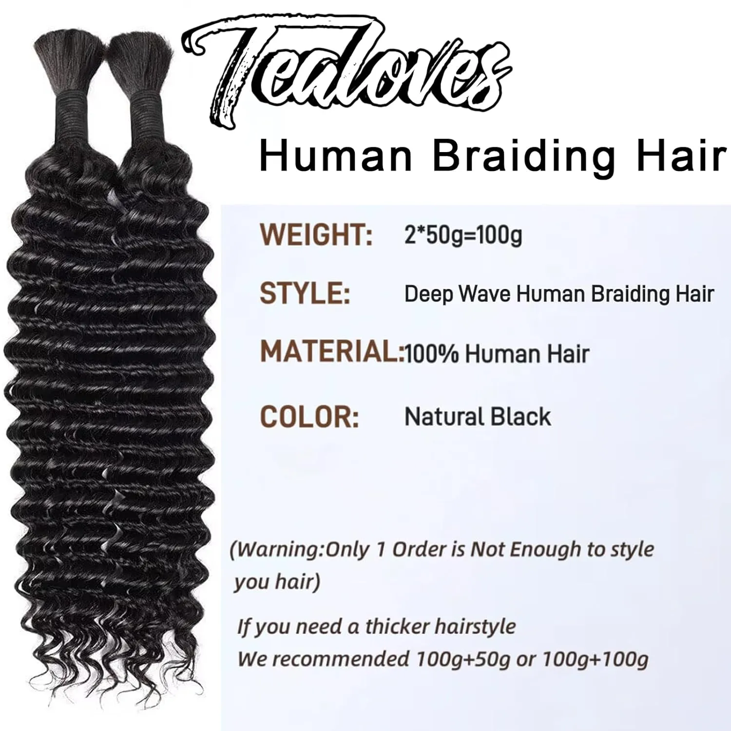 16inch 50g/bundle Two Bundles No Weft Black Deep Wave Human Braiding Hair for Box Boho Braids