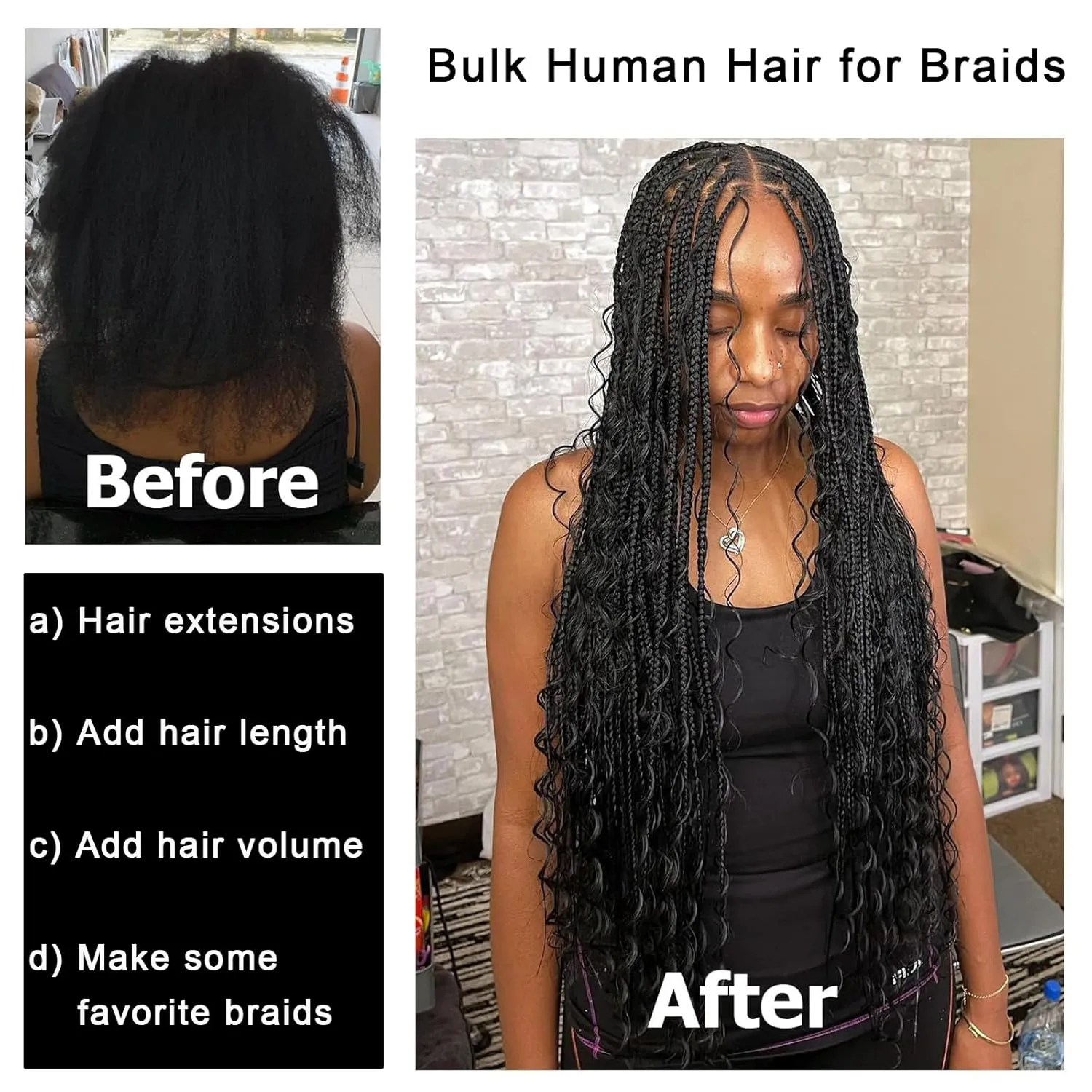 16inch 50g/bundle Two Bundles No Weft Black Deep Wave Human Braiding Hair for Box Boho Braids