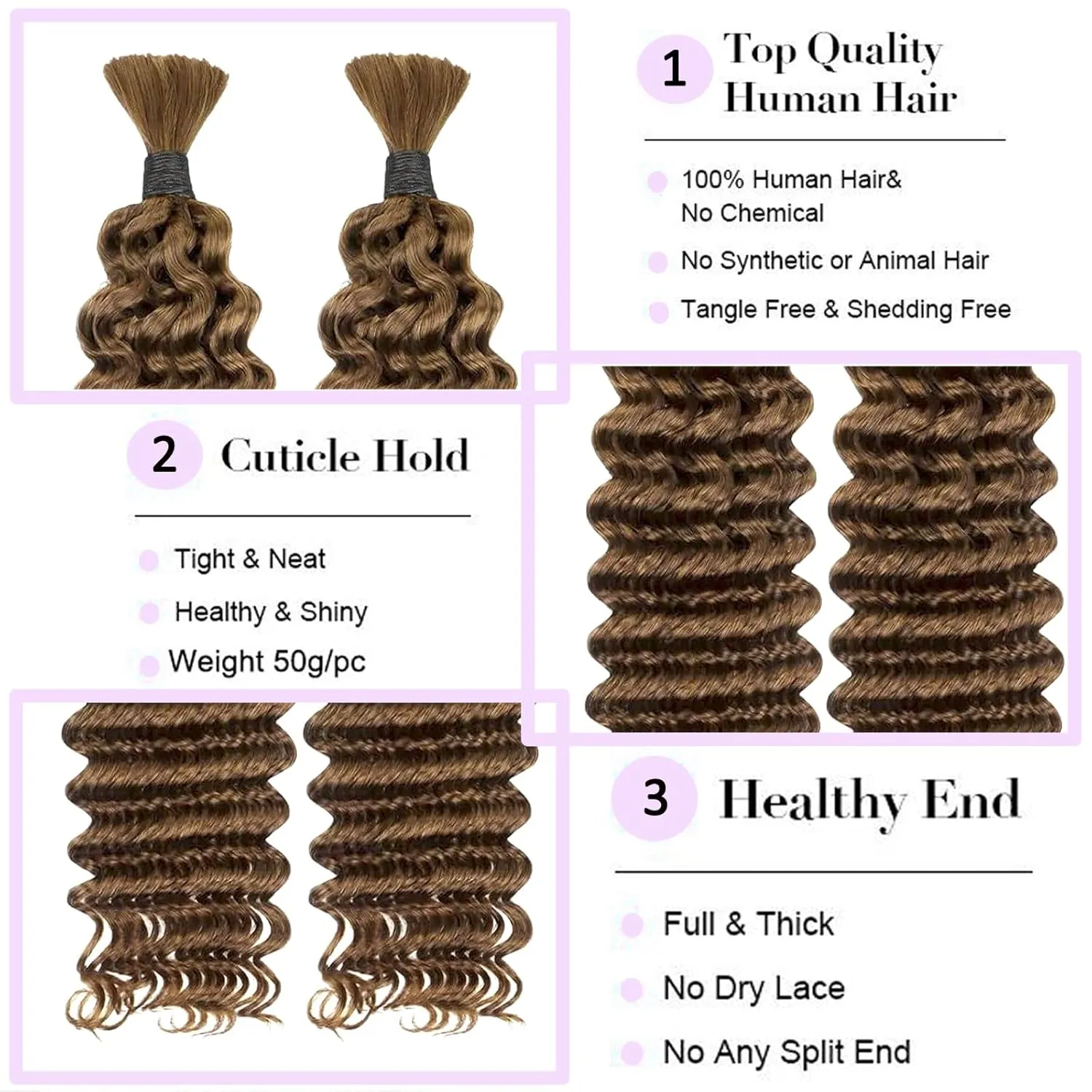 18inch 50g/bundle Two Bundles No Weft Brown Deep Wave Human Braiding Hair for Box Boho Braids