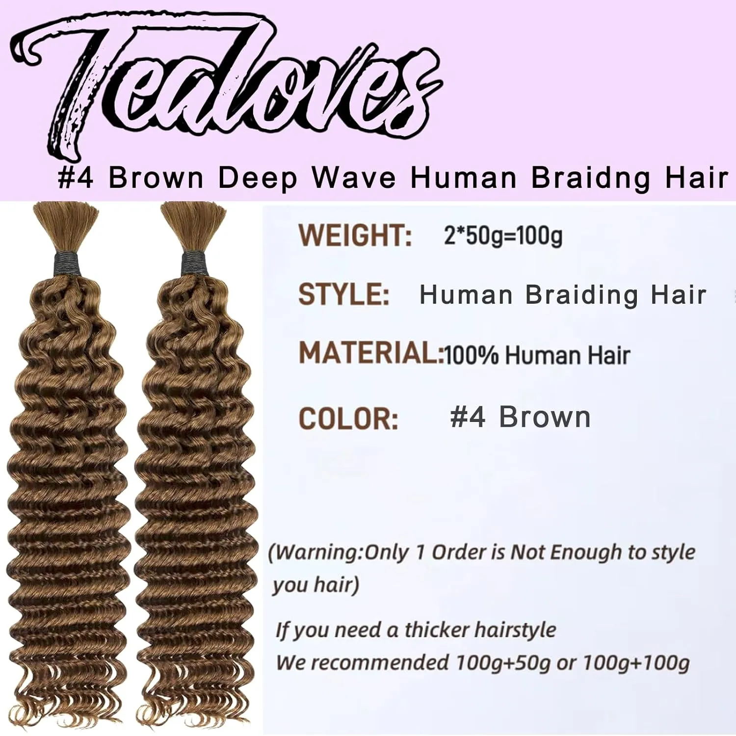 18inch 50g/bundle Two Bundles No Weft Brown Deep Wave Human Braiding Hair for Box Boho Braids
