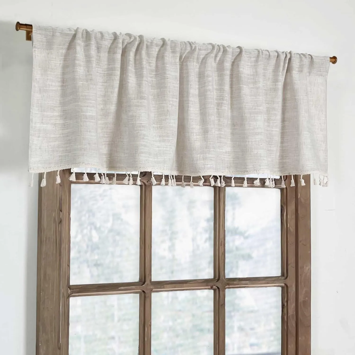 2 Pack Boho Tassel Kitchen Valances for Windows Modern Farmhouse Cotton Linen Valance Curtains Topper Country Rustic Bathroom Small Window Treatment Bohemian Decor (55x15 inch, Natural)