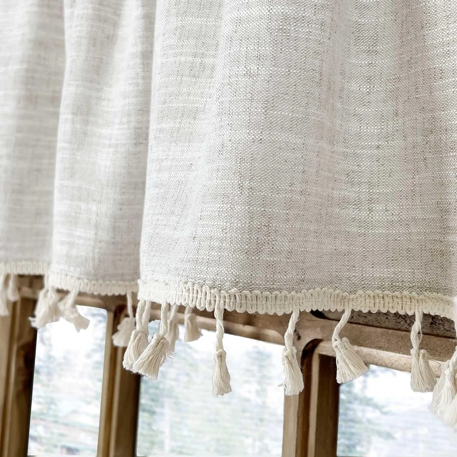 2 Pack Boho Tassel Kitchen Valances for Windows Modern Farmhouse Cotton Linen Valance Curtains Topper Country Rustic Bathroom Small Window Treatment Bohemian Decor (55x15 inch, Natural)