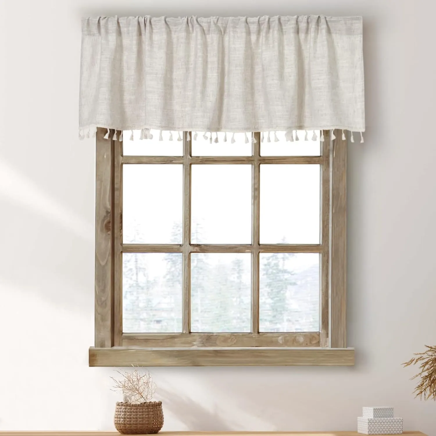 2 Pack Boho Tassel Kitchen Valances for Windows Modern Farmhouse Cotton Linen Valance Curtains Topper Country Rustic Bathroom Small Window Treatment Bohemian Decor (55x15 inch, Natural)