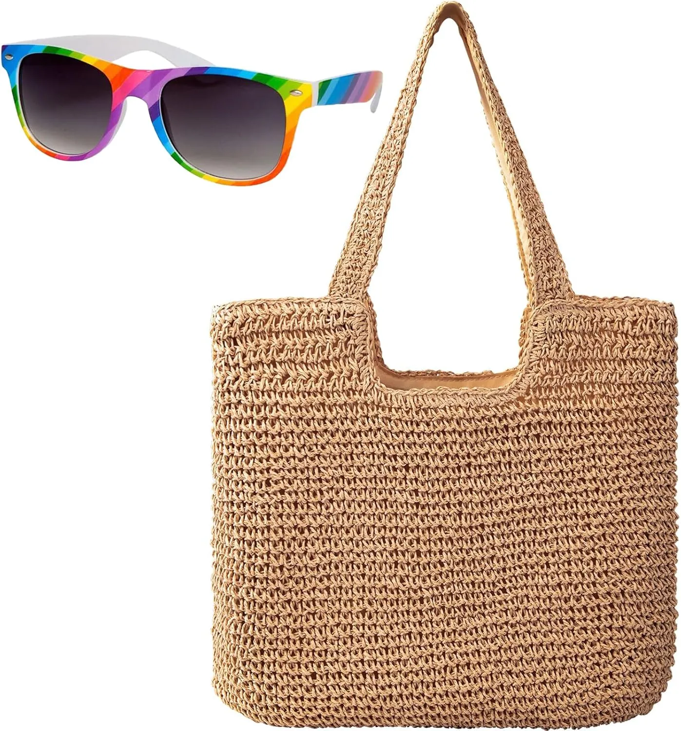 2 Pcs Straw Beach Bags for Women With Classic Polarized Sunglasses, Women Beach Handmade Woven Tote Bag, Summer Mesh Hollow Shoulder Bag for Holiday,Retro Trendy Glasses,UV Protection Sun Glasses