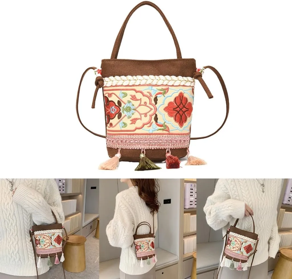 2023 New Bucket Bag Vintage TasselEmbroidery Shoulder Bag Retro EthnicStyle Crossbody Bag Handbag for Women Girl