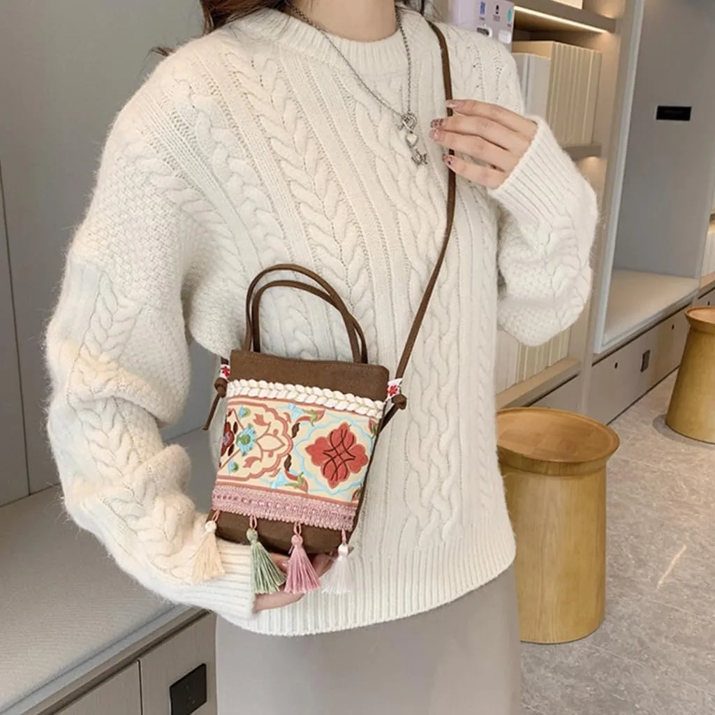 2023 New Bucket Bag Vintage TasselEmbroidery Shoulder Bag Retro EthnicStyle Crossbody Bag Handbag for Women Girl