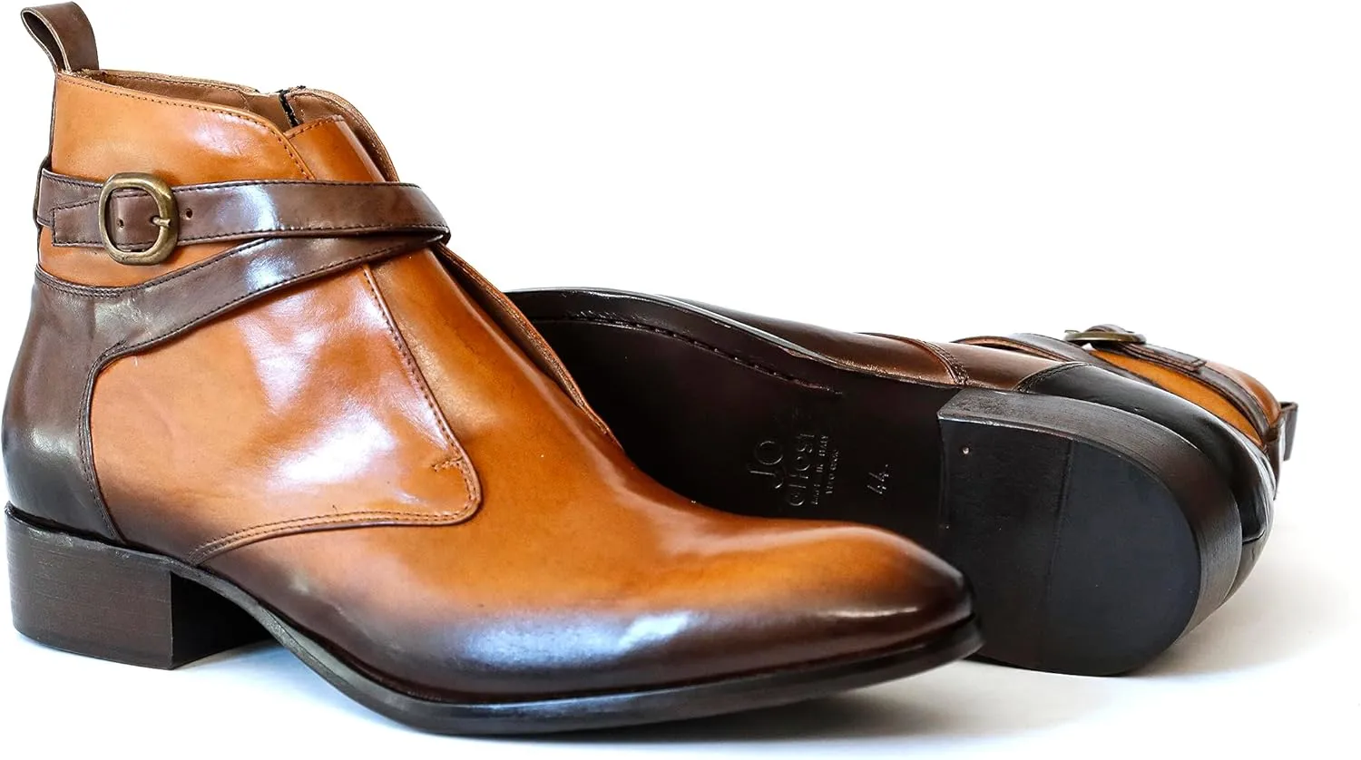 2098 Italian Cognac/Brown Leather Ankle Boots W 2 Straps & Buckle