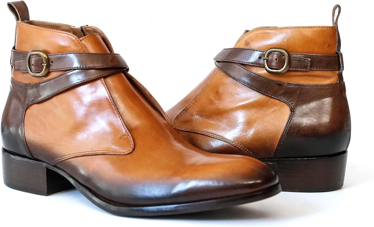 2098 Italian Cognac/Brown Leather Ankle Boots W 2 Straps & Buckle