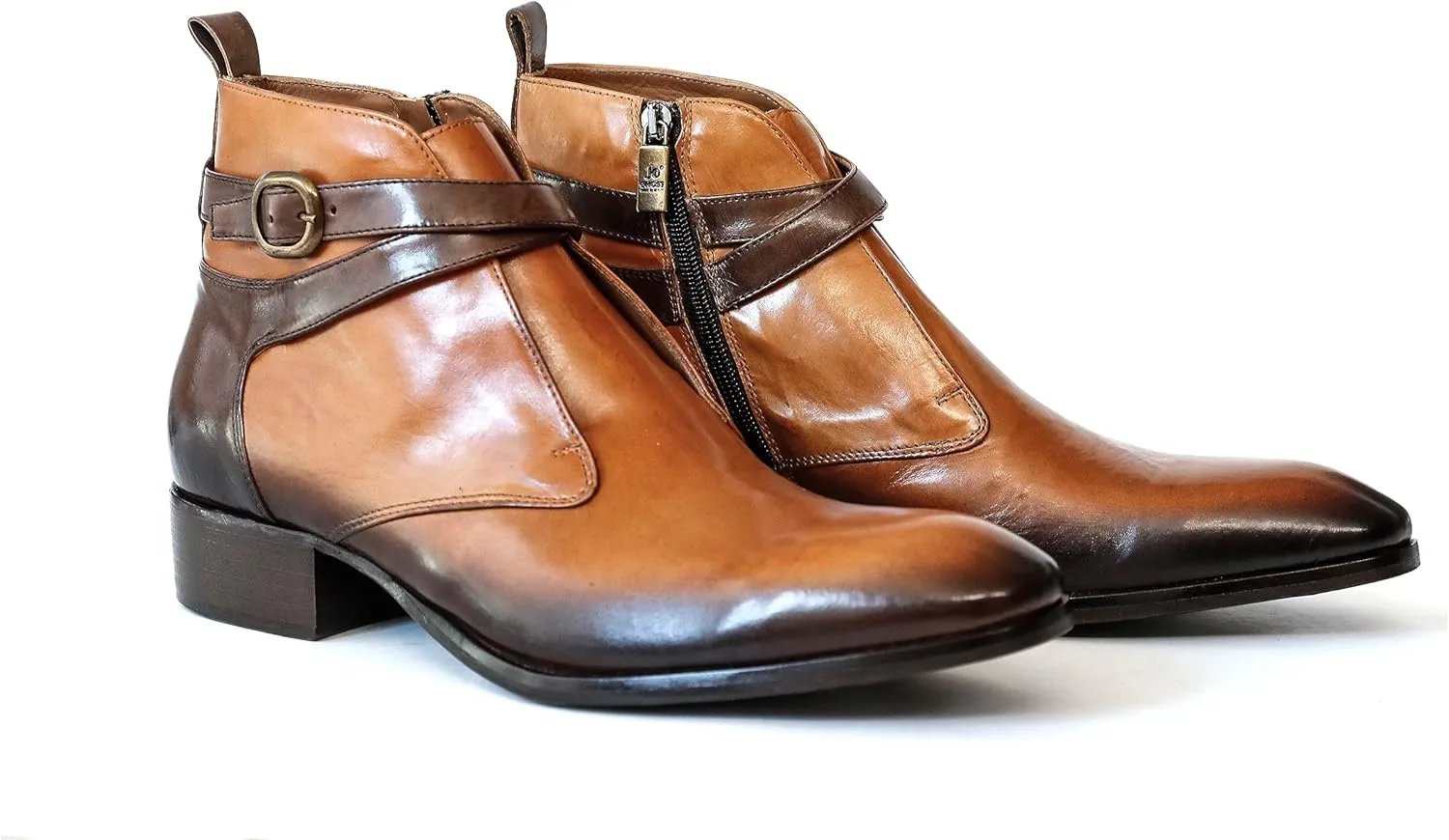 2098 Italian Cognac/Brown Leather Ankle Boots W 2 Straps & Buckle