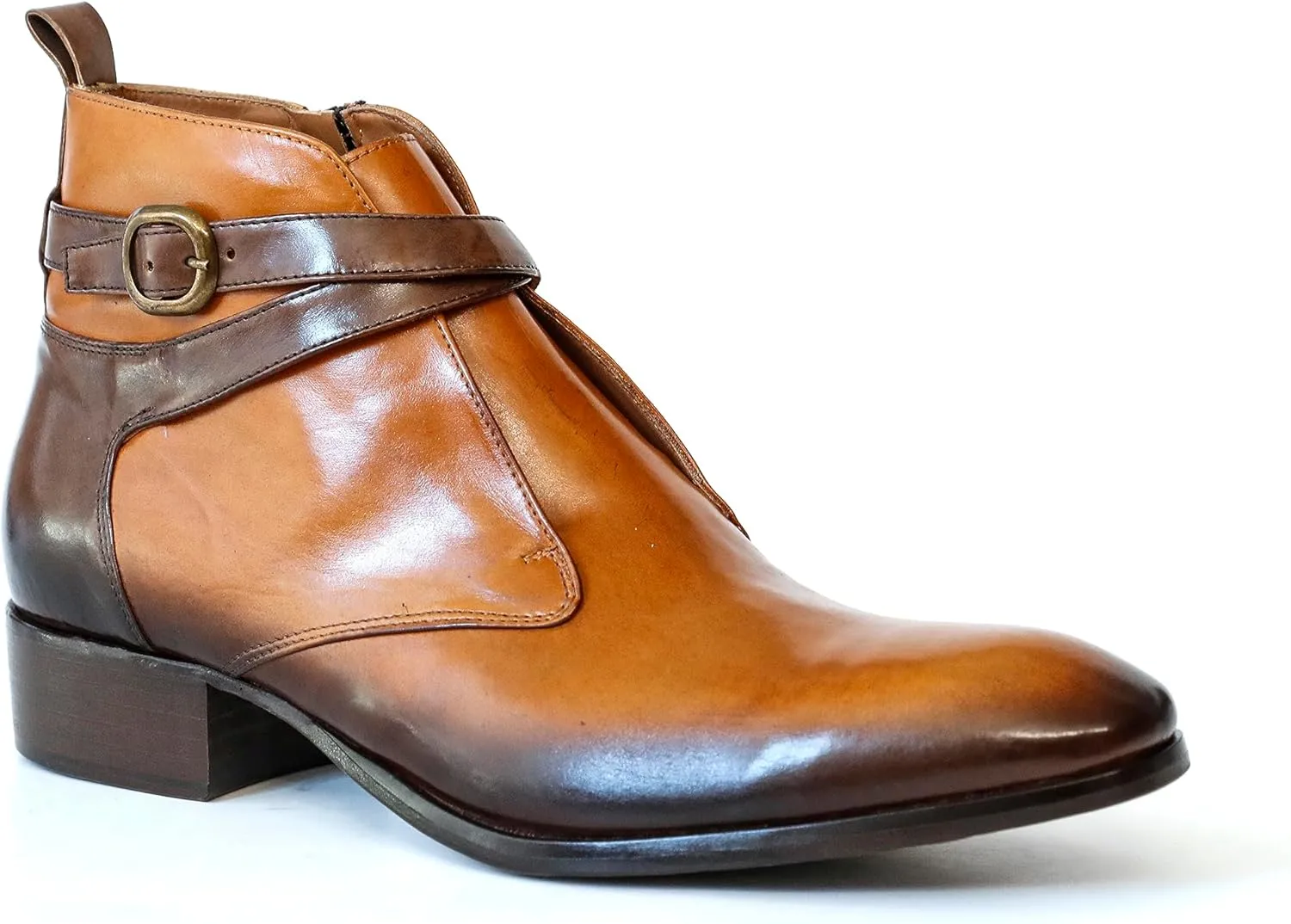 2098 Italian Cognac/Brown Leather Ankle Boots W 2 Straps & Buckle