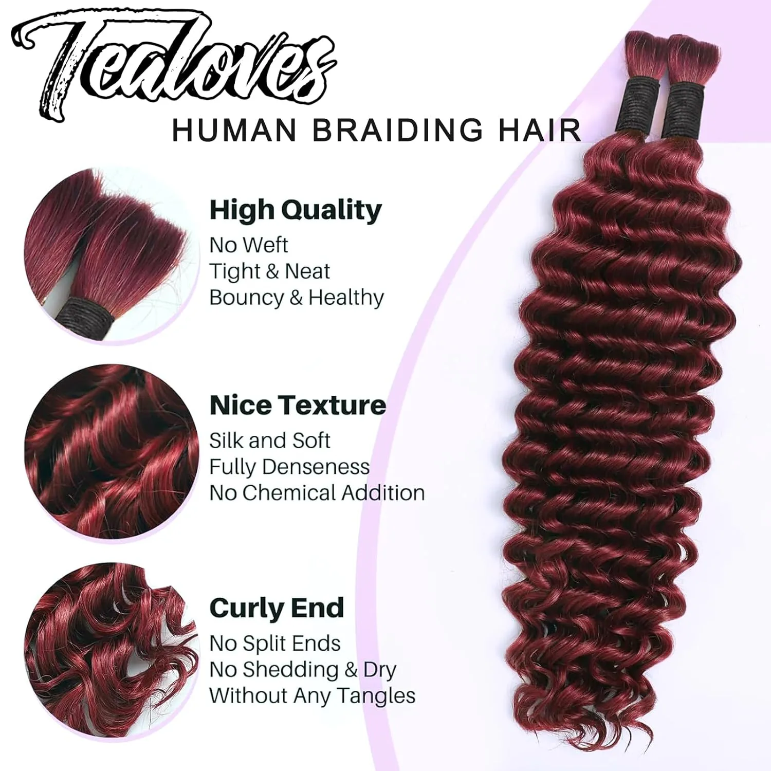 20inch 50g/bundle Two Bundles No Weft 99j Burgundy Deep Wave Human Braiding Hair for Box Boho Braids