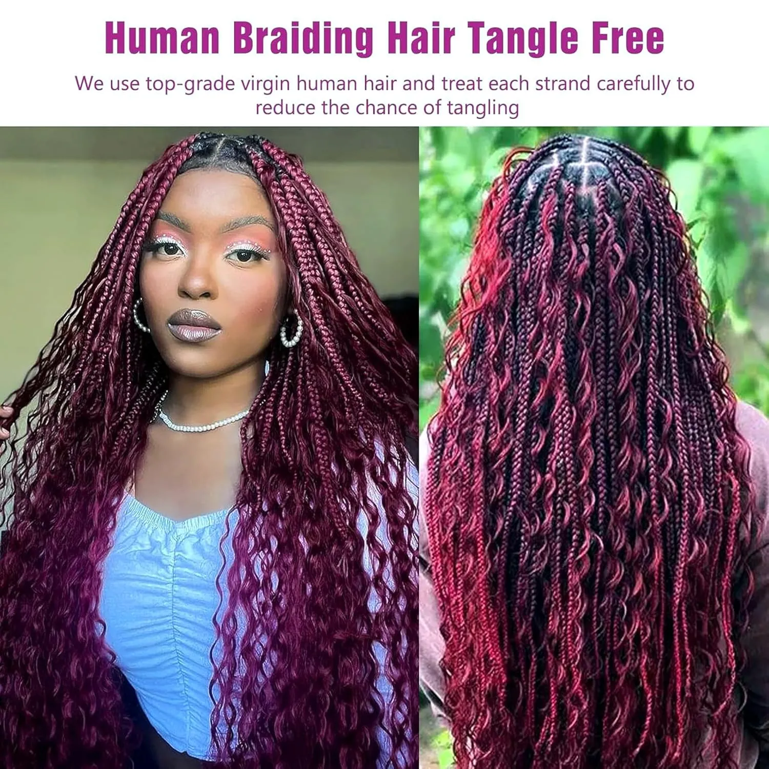 20inch 50g/bundle Two Bundles No Weft 99j Burgundy Deep Wave Human Braiding Hair for Box Boho Braids