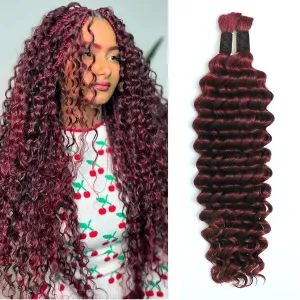 20inch 50g/bundle Two Bundles No Weft 99j Burgundy Deep Wave Human Braiding Hair for Box Boho Braids