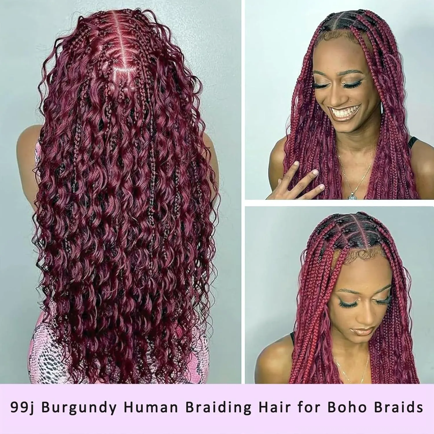 20inch 50g/bundle Two Bundles No Weft 99j Burgundy Deep Wave Human Braiding Hair for Box Boho Braids