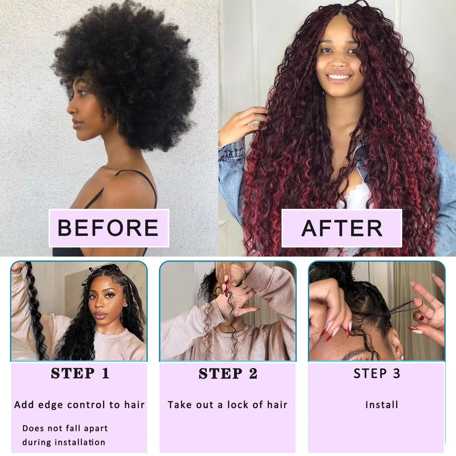 20inch 50g/bundle Two Bundles No Weft 99j Burgundy Deep Wave Human Braiding Hair for Box Boho Braids