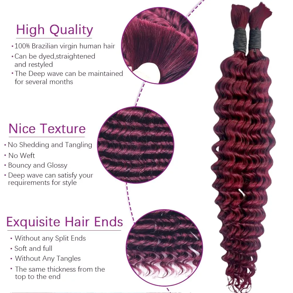 20inch 50g/bundle Two Bundles No Weft 99j Burgundy Deep Wave Human Braiding Hair for Box Boho Braids