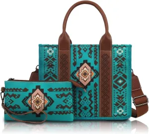 2PCS Bohemian Vintage Tote Bag Set for Women Large Capacity Handbag & Wallet, Stylish Shoulder Bag for Travel and Work