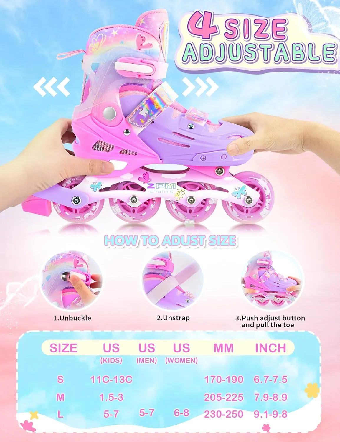 2PM SPORTS Inline Skates for Kids Girls Boys Ages 5-8 8-12 3-5 4-6 6-12 with Light Up Wheels, Adjustable Kids Roller Skates Blades for Beginner Youth Indoor Outdoor Size 11C 1 2 3 4 5 6 7 8