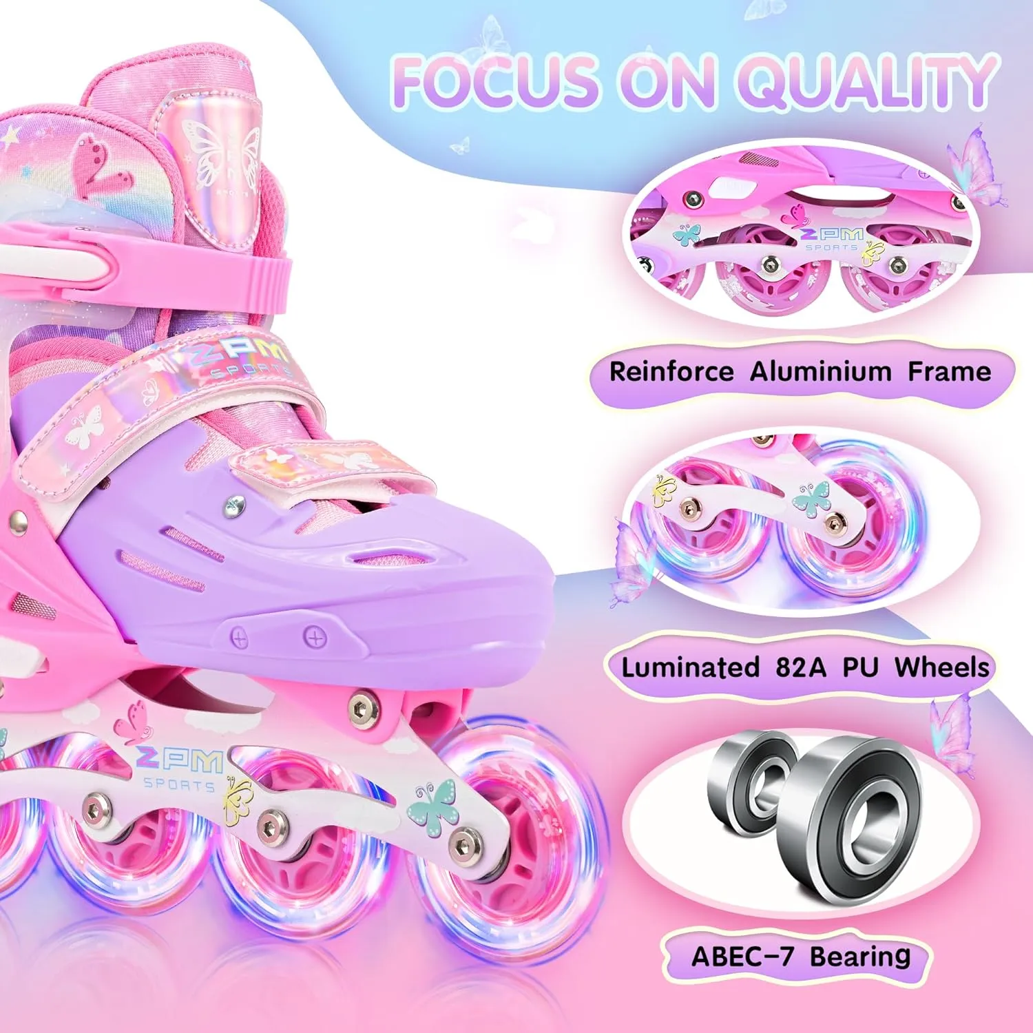 2PM SPORTS Inline Skates for Kids Girls Boys Ages 5-8 8-12 3-5 4-6 6-12 with Light Up Wheels, Adjustable Kids Roller Skates Blades for Beginner Youth Indoor Outdoor Size 11C 1 2 3 4 5 6 7 8
