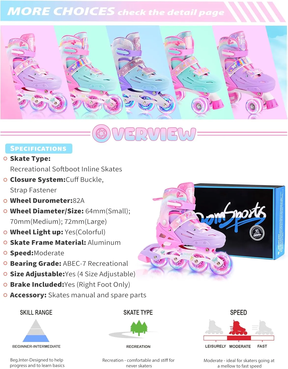 2PM SPORTS Inline Skates for Kids Girls Boys Ages 5-8 8-12 3-5 4-6 6-12 with Light Up Wheels, Adjustable Kids Roller Skates Blades for Beginner Youth Indoor Outdoor Size 11C 1 2 3 4 5 6 7 8