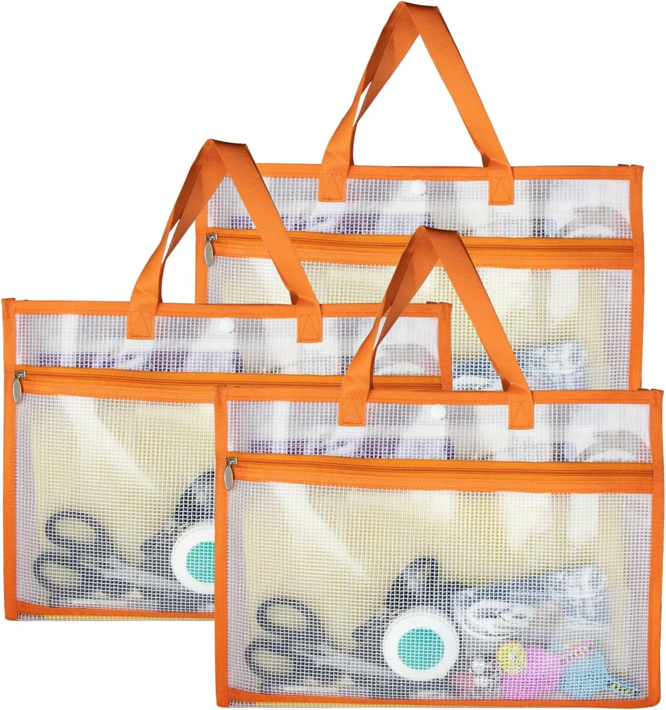 3 Pcs Portable Project Bags for Quilting Knitting, Stitching and Embroidery Projects Storage, Madam Sew Project Bag with Zipper and Double Pockets, Transparent Mesh Sewing Project Bag for Crafter