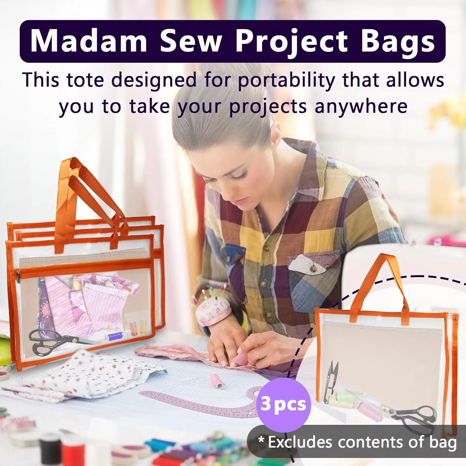 3 Pcs Portable Project Bags for Quilting Knitting, Stitching and Embroidery Projects Storage, Madam Sew Project Bag with Zipper and Double Pockets, Transparent Mesh Sewing Project Bag for Crafter
