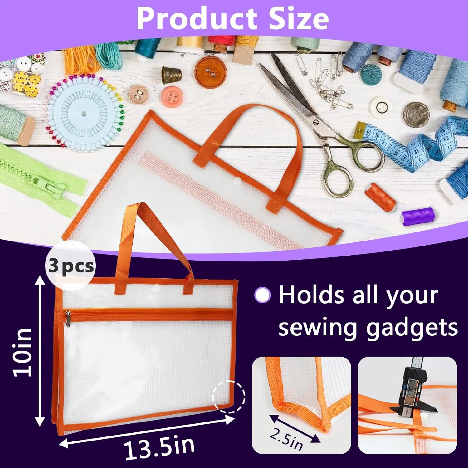 3 Pcs Portable Project Bags for Quilting Knitting, Stitching and Embroidery Projects Storage, Madam Sew Project Bag with Zipper and Double Pockets, Transparent Mesh Sewing Project Bag for Crafter