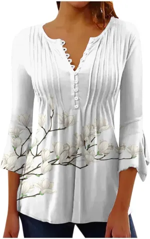 3/4 Length Sleeve Womens Top Fashion Vintage Floral Print Bohemian Shirt Causal Dressy Boho Button Up Blouse Pullover
