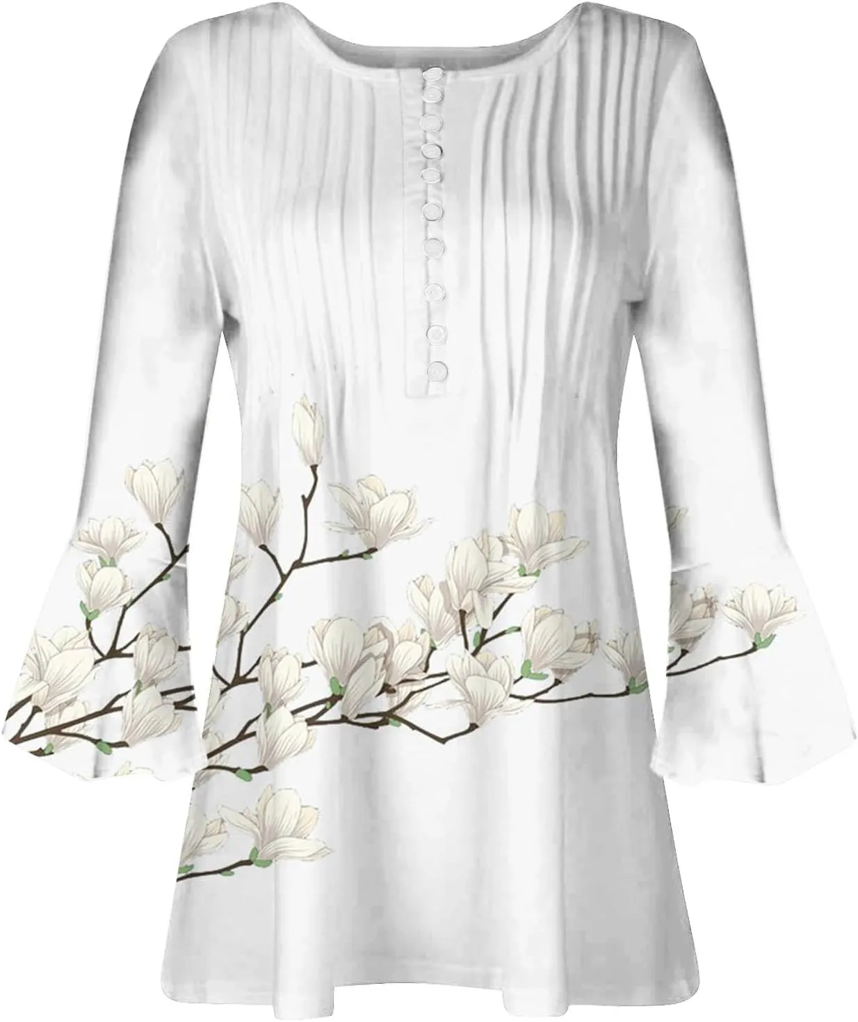 3/4 Length Sleeve Womens Top Fashion Vintage Floral Print Bohemian Shirt Causal Dressy Boho Button Up Blouse Pullover