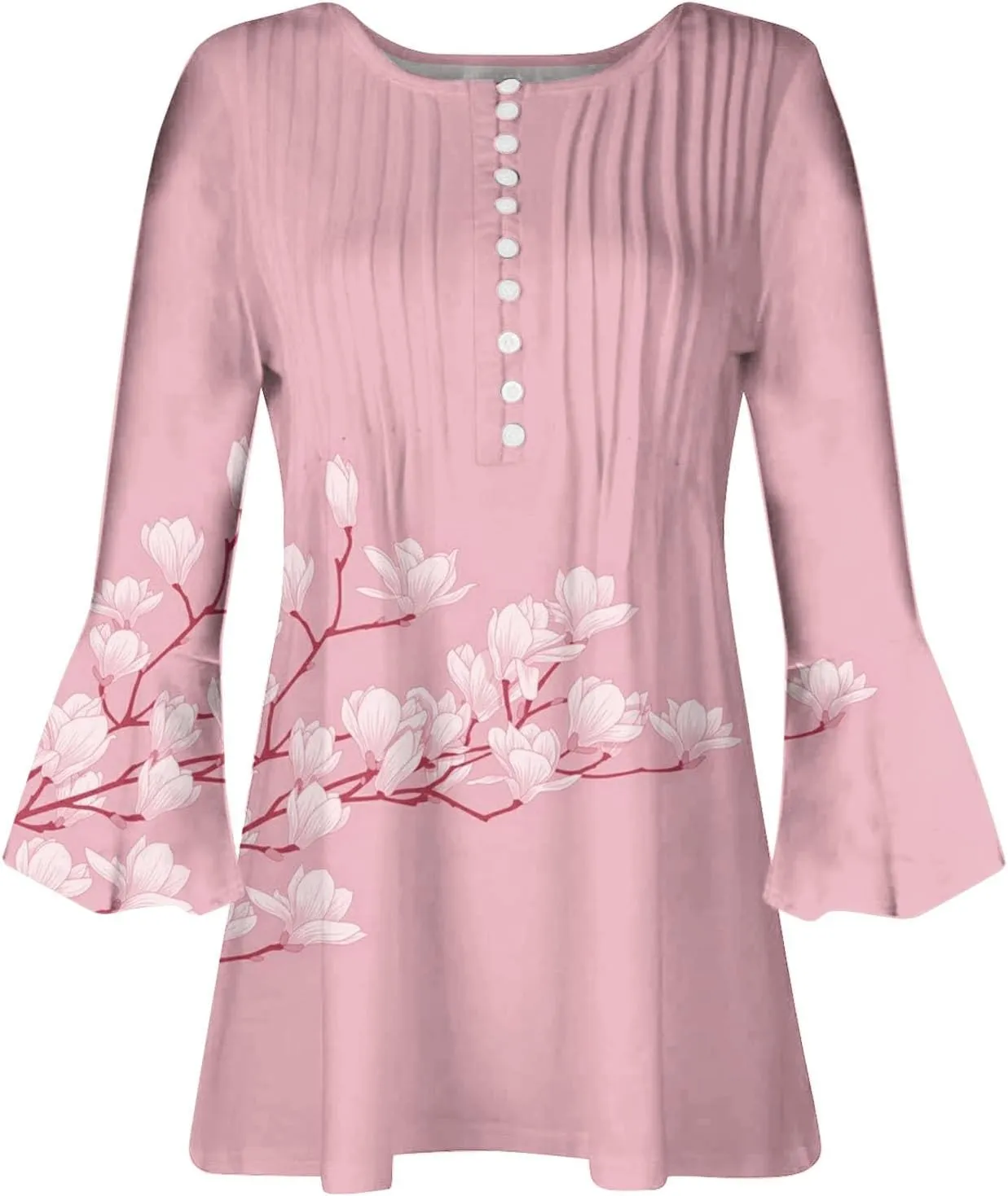 3/4 Length Sleeve Womens Top Fashion Vintage Floral Print Bohemian Shirt Causal Dressy Boho Button Up Blouse Pullover