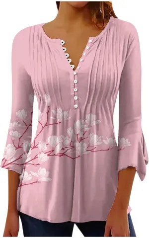 3/4 Length Sleeve Womens Top Fashion Vintage Floral Print Bohemian Shirt Causal Dressy Boho Button Up Blouse Pullover