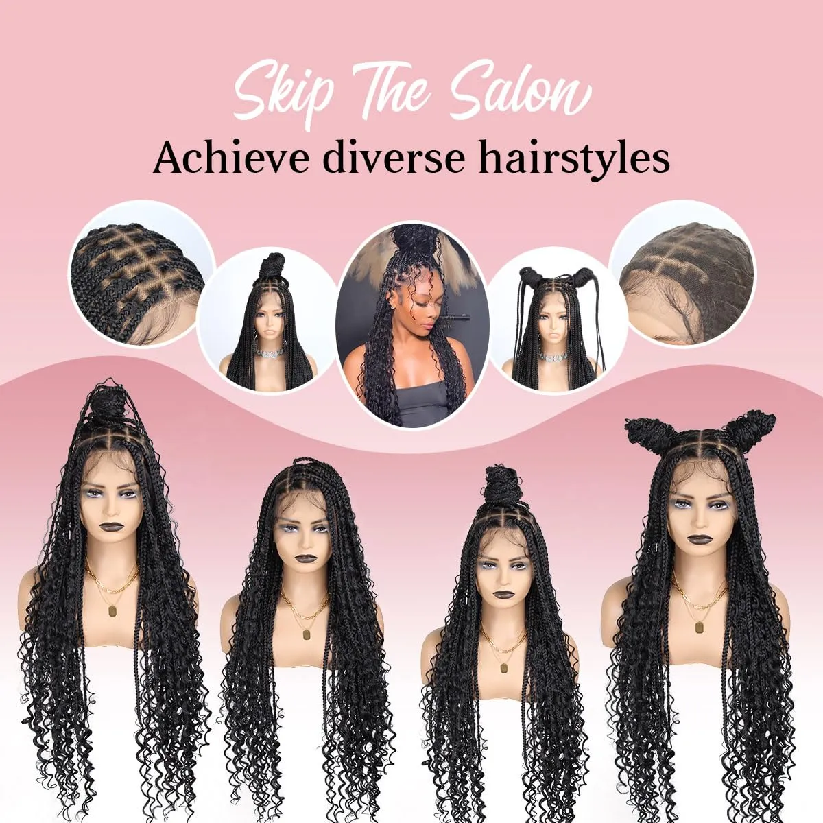 36 Inch Full Lace Boho Braided Wigs for Black Women, 360° HD Single-layer Square Knotless Box Braid Wig with Baby Hair Handmade Synthetic Hair Blended Lace Front Wig Natural Black
