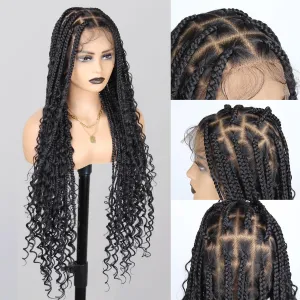36 Inch Full Lace Boho Braided Wigs for Black Women, 360° HD Single-layer Square Knotless Box Braid Wig with Baby Hair Handmade Synthetic Hair Blended Lace Front Wig Natural Black