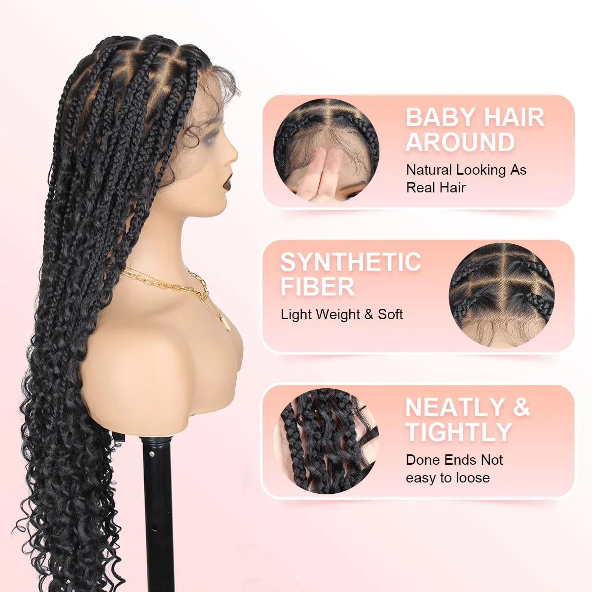 36 Inch Full Lace Boho Braided Wigs for Black Women, 360° HD Single-layer Square Knotless Box Braid Wig with Baby Hair Handmade Synthetic Hair Blended Lace Front Wig Natural Black
