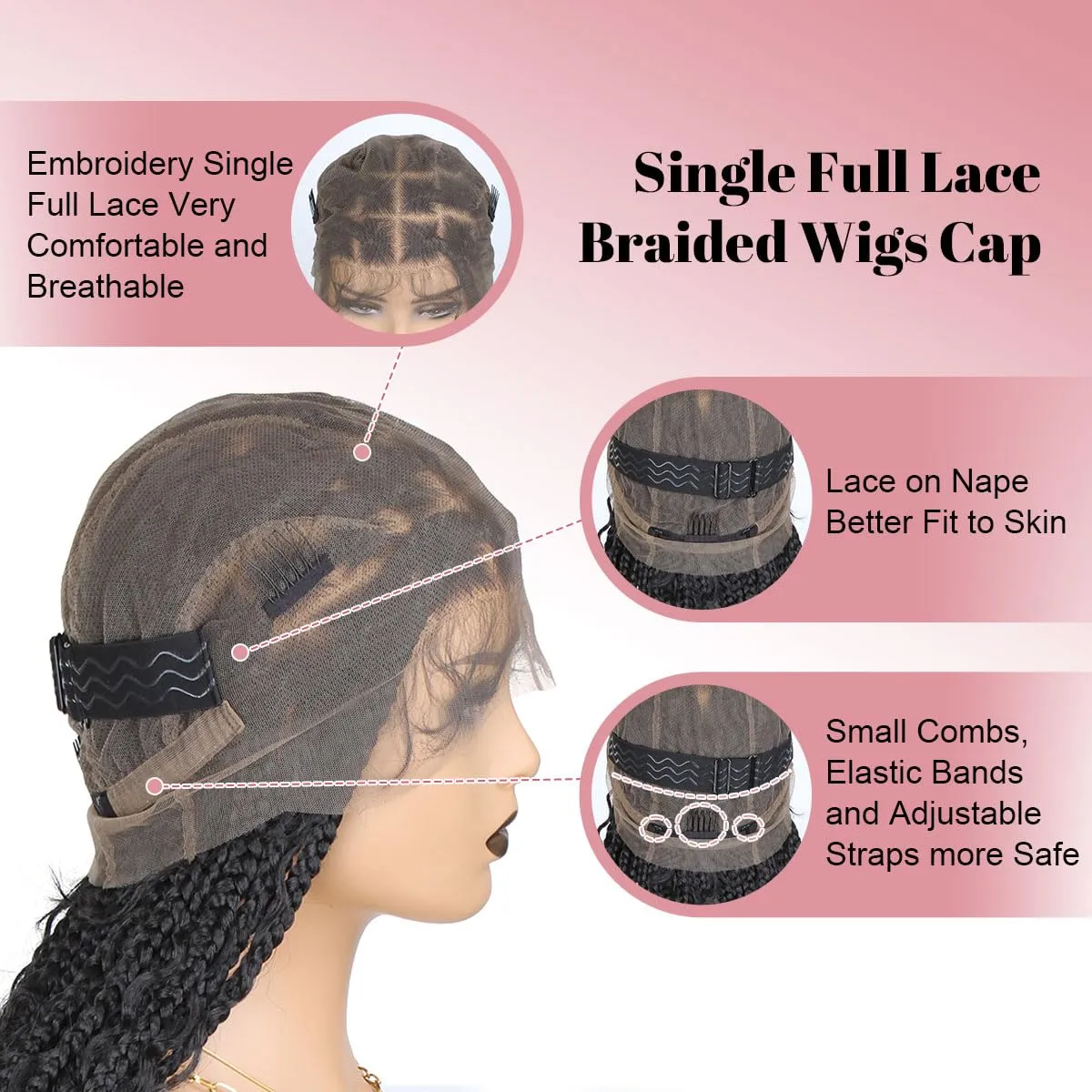 36 Inch Full Lace Boho Braided Wigs for Black Women, 360° HD Single-layer Square Knotless Box Braid Wig with Baby Hair Handmade Synthetic Hair Blended Lace Front Wig Natural Black
