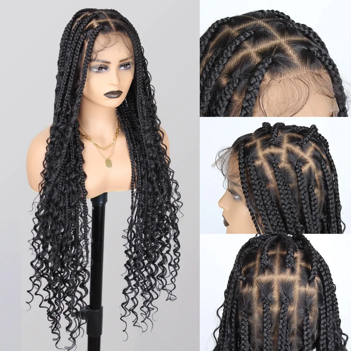 36 Inch Full Lace Boho Braided Wigs for Black Women, 360° HD Single-layer Square Knotless Box Braid Wig with Baby Hair Handmade Synthetic Hair Blended Lace Front Wig Natural Black