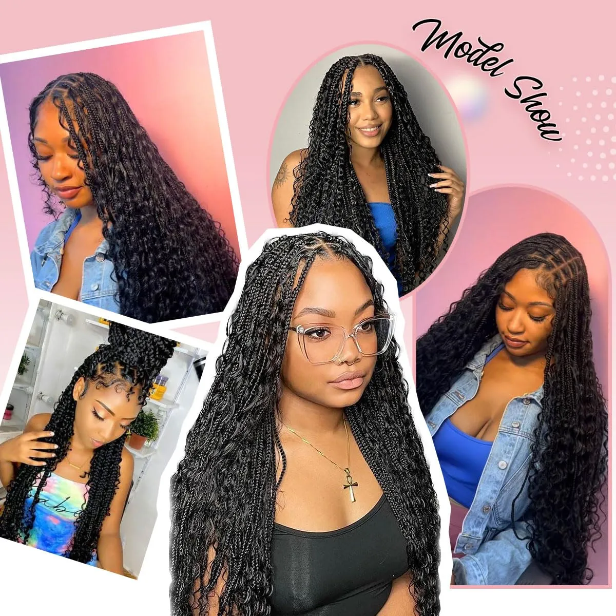36 Inch Full Lace Boho Braided Wigs for Black Women, 360° HD Single-layer Square Knotless Box Braid Wig with Baby Hair Handmade Synthetic Hair Blended Lace Front Wig Natural Black