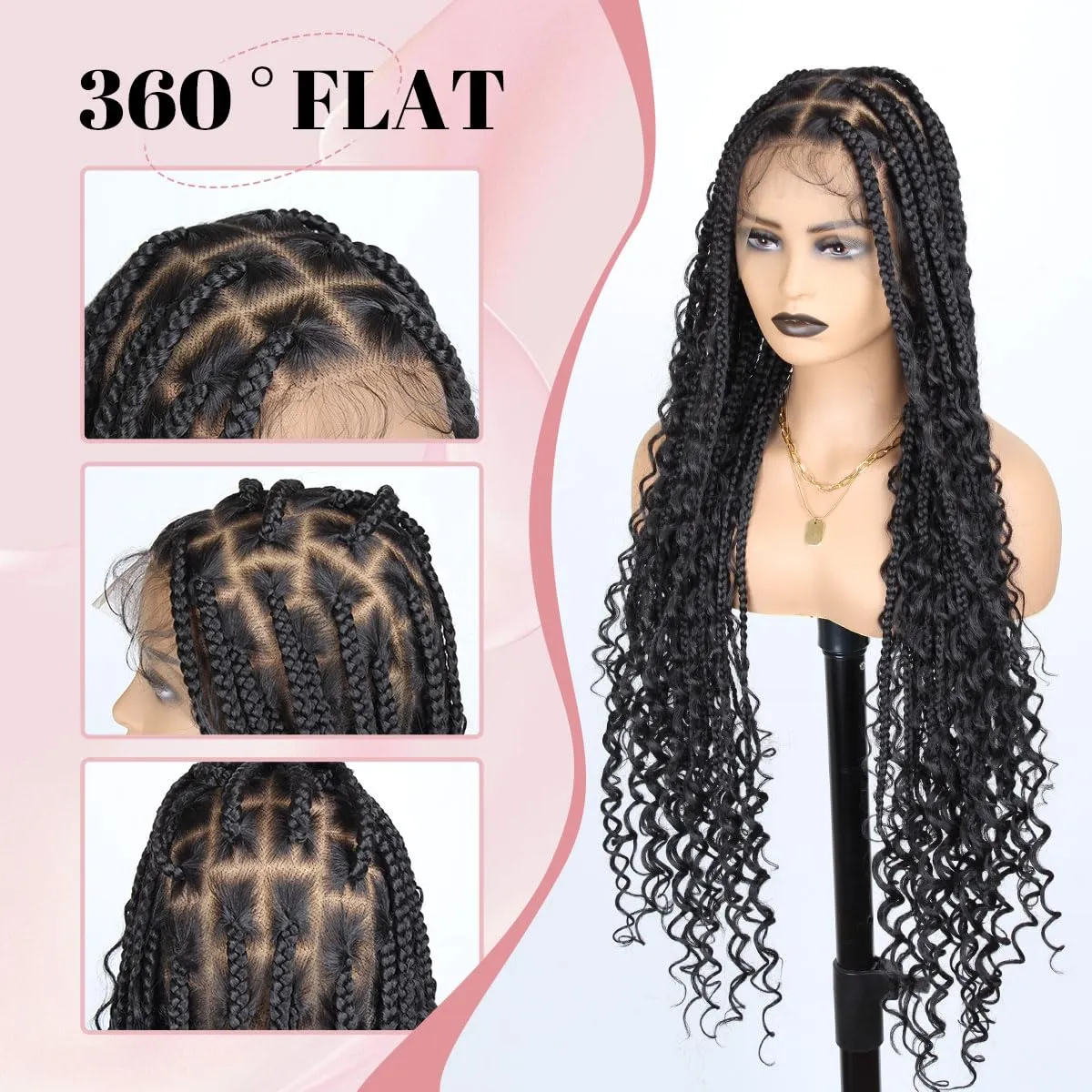 36 Inch Full Lace Boho Braided Wigs for Black Women, 360° HD Single-layer Square Knotless Box Braid Wig with Baby Hair Handmade Synthetic Hair Blended Lace Front Wig Natural Black