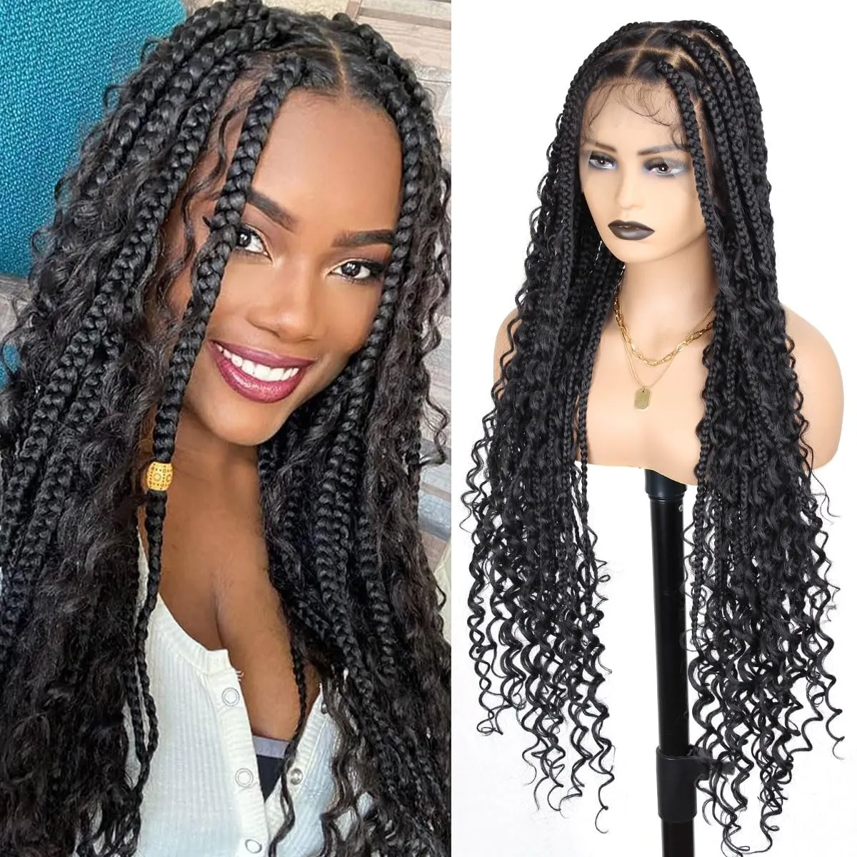 36 Inch Full Lace Boho Braided Wigs for Black Women, 360° HD Single-layer Square Knotless Box Braid Wig with Baby Hair Handmade Synthetic Hair Blended Lace Front Wig Natural Black