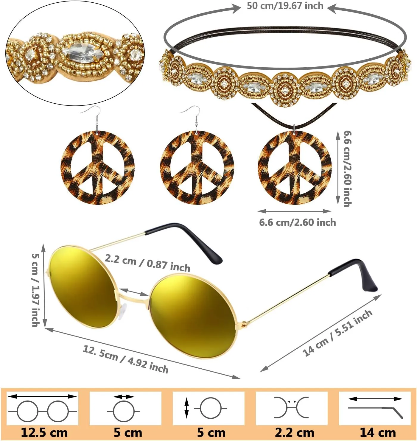 6 Pcs 60s 70s Outfits for Women Hippie Costume Set Peace Sign Earring Headband Fringe Vest Tassel Cardigan