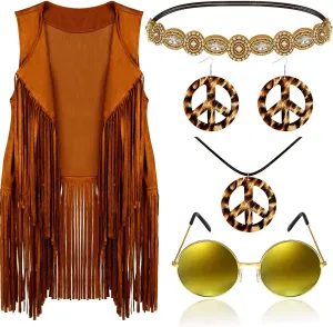 6 Pcs 60s 70s Outfits for Women Hippie Costume Set Peace Sign Earring Headband Fringe Vest Tassel Cardigan
