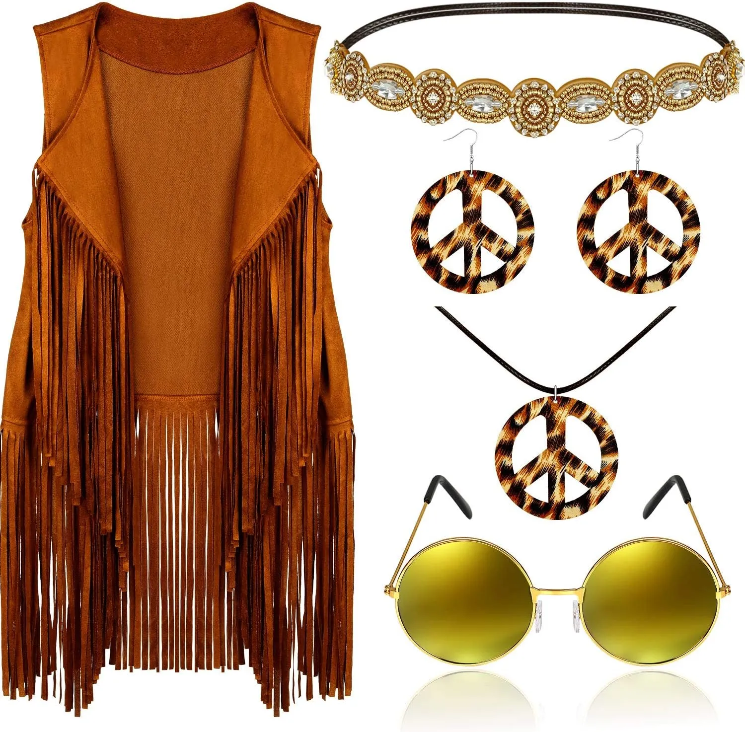 6 Pcs 60s 70s Outfits for Women Hippie Costume Set Peace Sign Earring Headband Fringe Vest Tassel Cardigan